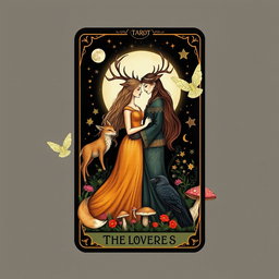 A whimsical and enchanting Tarot card design titled 'The Lovers', inspired by pagan and feminist themes