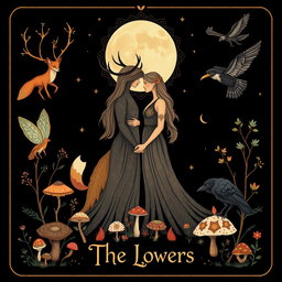 A whimsical and enchanting Tarot card design titled 'The Lovers', inspired by pagan and feminist themes