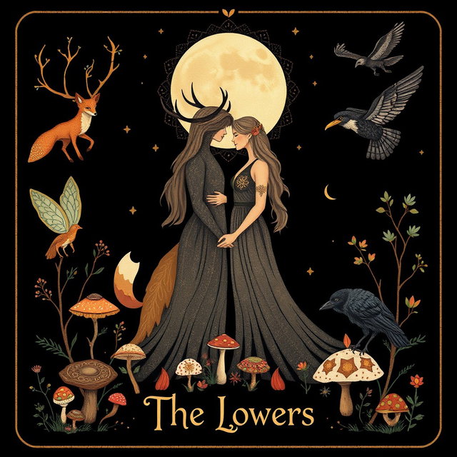 A whimsical and enchanting Tarot card design titled 'The Lovers', inspired by pagan and feminist themes