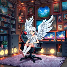 A handsome angelic anime boy with long white hair and striking green eyes, adorned with magnificent white feathered wings, is comfortably seated in a stylish gaming chair