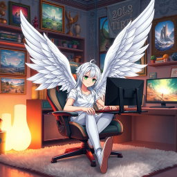 A handsome angelic anime boy with long white hair and striking green eyes, adorned with magnificent white feathered wings, is comfortably seated in a stylish gaming chair