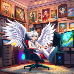 A handsome angelic anime boy with long white hair and striking green eyes, adorned with magnificent white feathered wings, is comfortably seated in a stylish gaming chair