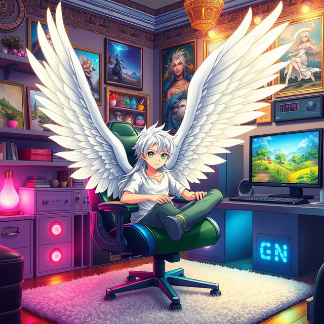 A handsome angelic anime boy with long white hair and striking green eyes, adorned with magnificent white feathered wings, is comfortably seated in a stylish gaming chair