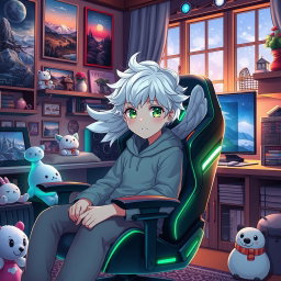 An angelic anime boy with striking white hair and vibrant green eyes, sitting comfortably in a stylish gaming chair