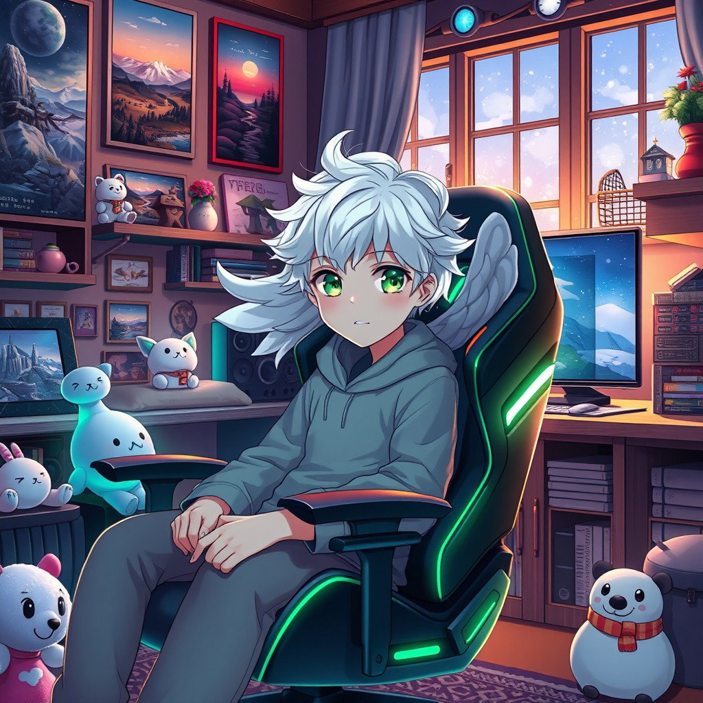 An angelic anime boy with striking white hair and vibrant green eyes, sitting comfortably in a stylish gaming chair