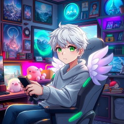 An angelic anime boy with striking white hair and vibrant green eyes, sitting comfortably in a stylish gaming chair