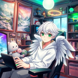 An angelic anime boy with striking white hair and vibrant green eyes, sitting comfortably in a stylish gaming chair