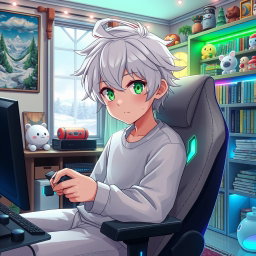 An angelic anime boy with striking white hair and vibrant green eyes, sitting comfortably in a stylish gaming chair