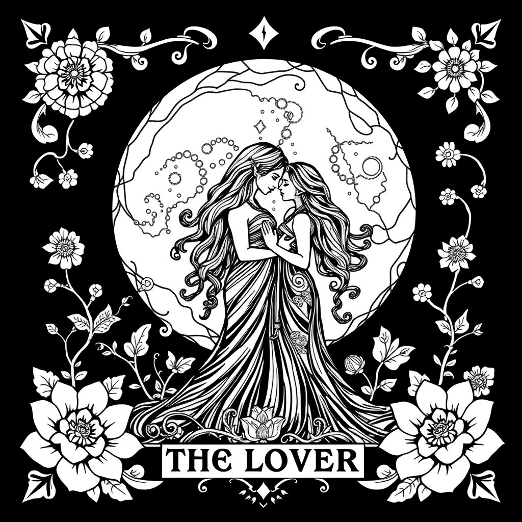 A black and white coloring book page design for 'The Lovers' Tarot Card, featuring a whimsical and pagan-inspired aesthetic