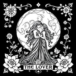 A black and white coloring book page design for 'The Lovers' Tarot Card, featuring a whimsical and pagan-inspired aesthetic