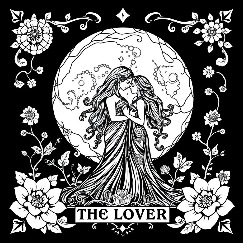 A black and white coloring book page design for 'The Lovers' Tarot Card, featuring a whimsical and pagan-inspired aesthetic