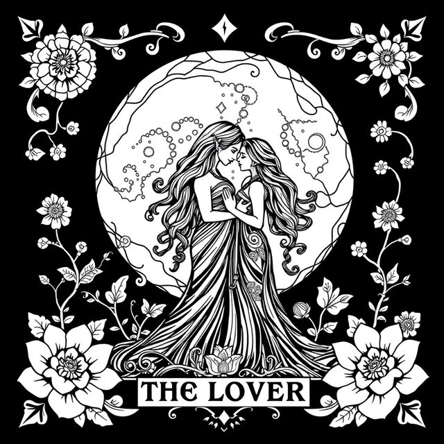 A black and white coloring book page design for 'The Lovers' Tarot Card, featuring a whimsical and pagan-inspired aesthetic