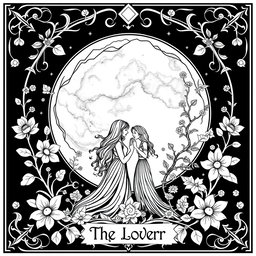 A black and white coloring book page design for 'The Lovers' Tarot Card, featuring a whimsical and pagan-inspired aesthetic