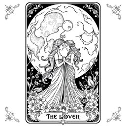 A black and white coloring book page design for 'The Lovers' Tarot Card, featuring a whimsical and pagan-inspired aesthetic