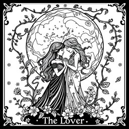 A black and white coloring book page design for 'The Lovers' Tarot Card, featuring a whimsical and pagan-inspired aesthetic