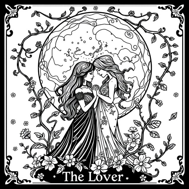 A black and white coloring book page design for 'The Lovers' Tarot Card, featuring a whimsical and pagan-inspired aesthetic