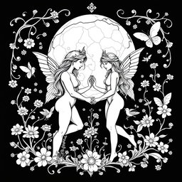 A black and white coloring book page design for 'The Lovers' Tarot Card, featuring a whimsical and pagan-inspired aesthetic