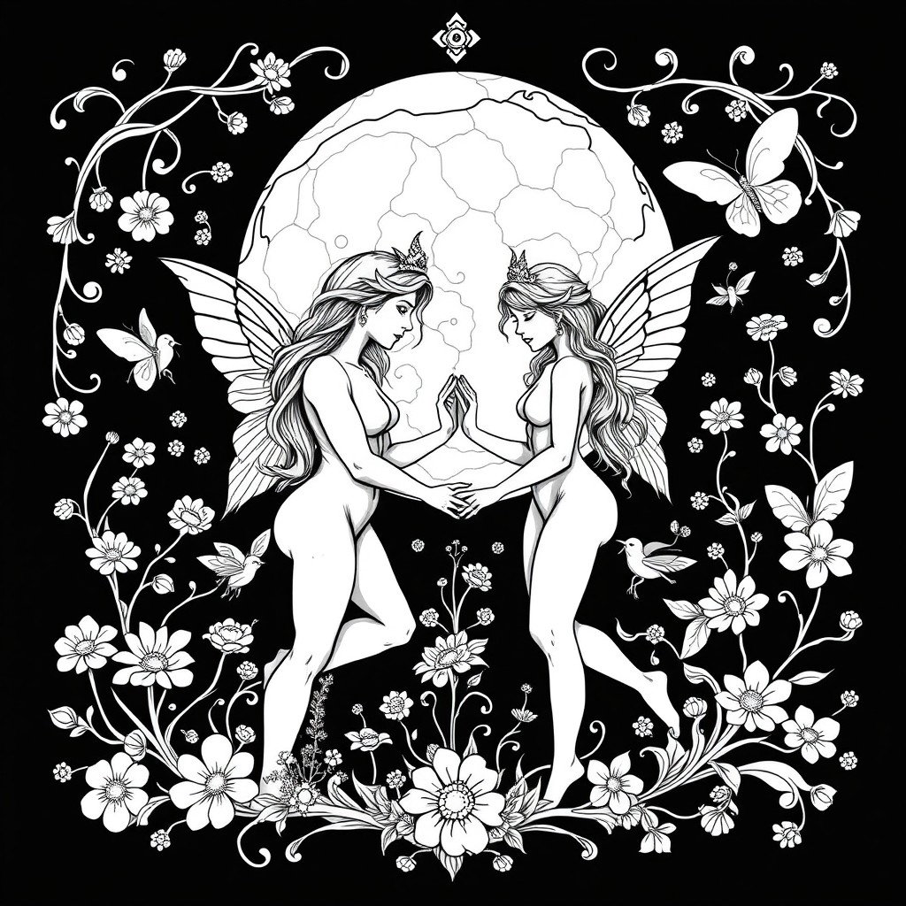 A black and white coloring book page design for 'The Lovers' Tarot Card, featuring a whimsical and pagan-inspired aesthetic