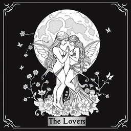 A black and white coloring book page design for 'The Lovers' Tarot Card, featuring a whimsical and pagan-inspired aesthetic