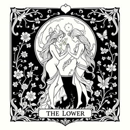A black and white coloring book page design for 'The Lovers' Tarot Card, featuring a whimsical and pagan-inspired aesthetic