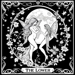 A black and white coloring book page design for 'The Lovers' Tarot Card, featuring a whimsical and pagan-inspired aesthetic