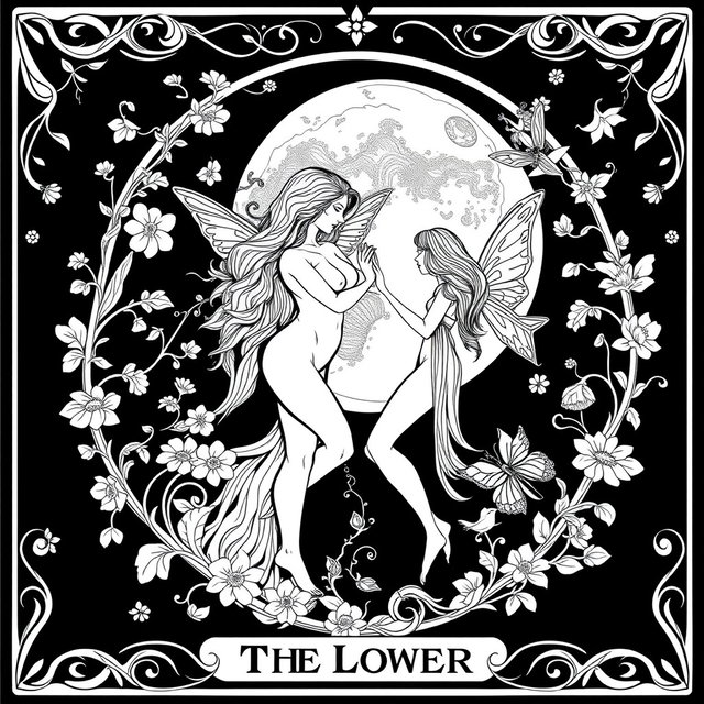 A black and white coloring book page design for 'The Lovers' Tarot Card, featuring a whimsical and pagan-inspired aesthetic