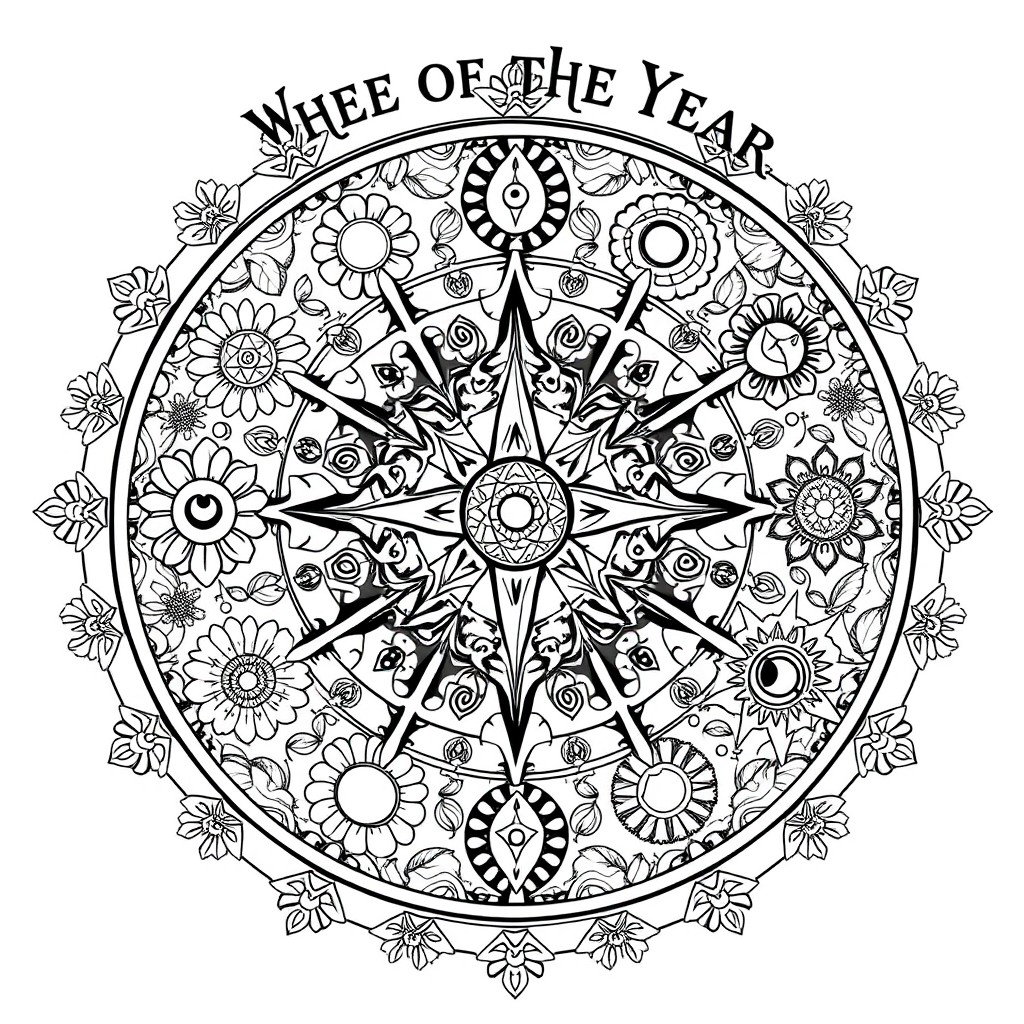 A black and white coloring book page design illustrating 'The Wheel of the Year', focusing on pagan themes and earth elements with a whimsical touch