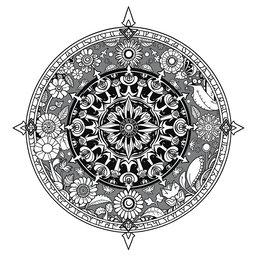 A black and white coloring book page design illustrating 'The Wheel of the Year', focusing on pagan themes and earth elements with a whimsical touch