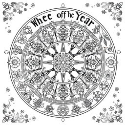 A black and white coloring book page design illustrating 'The Wheel of the Year', focusing on pagan themes and earth elements with a whimsical touch