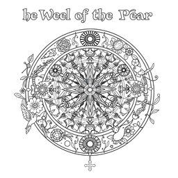 A black and white coloring book page design illustrating 'The Wheel of the Year', focusing on pagan themes and earth elements with a whimsical touch