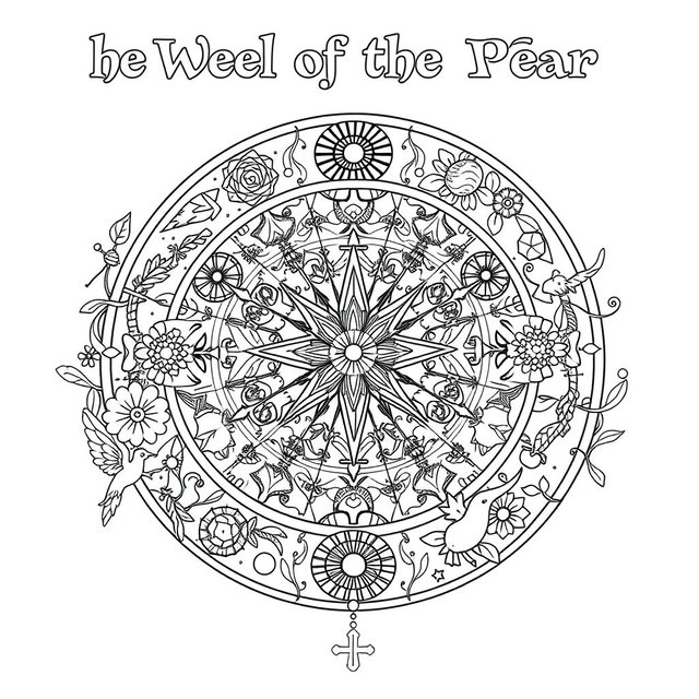 A black and white coloring book page design illustrating 'The Wheel of the Year', focusing on pagan themes and earth elements with a whimsical touch