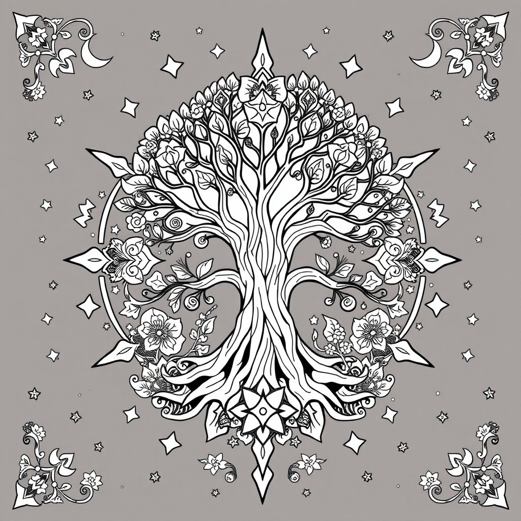 A black and white coloring book page design that focuses on pagan themes, earth elements, and a magical, mystical ambiance with a whimsical feel