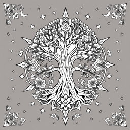 A black and white coloring book page design that focuses on pagan themes, earth elements, and a magical, mystical ambiance with a whimsical feel