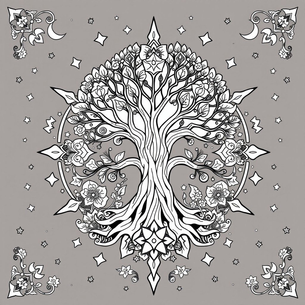 A black and white coloring book page design that focuses on pagan themes, earth elements, and a magical, mystical ambiance with a whimsical feel