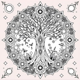 A black and white coloring book page design that focuses on pagan themes, earth elements, and a magical, mystical ambiance with a whimsical feel