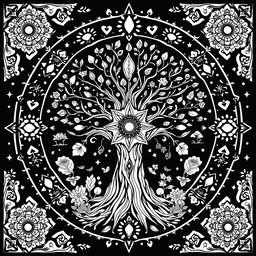 A black and white coloring book page design that focuses on pagan themes, earth elements, and a magical, mystical ambiance with a whimsical feel