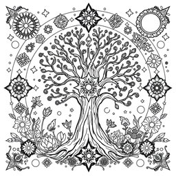 A black and white coloring book page design that focuses on pagan themes, earth elements, and a magical, mystical ambiance with a whimsical feel