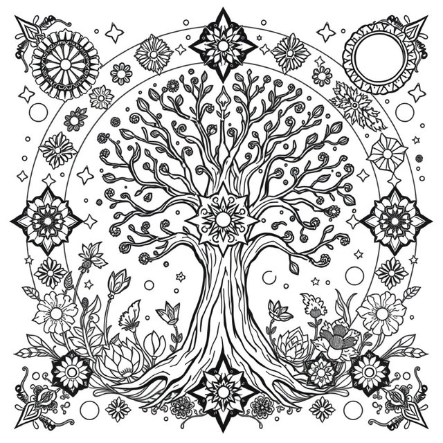 A black and white coloring book page design that focuses on pagan themes, earth elements, and a magical, mystical ambiance with a whimsical feel
