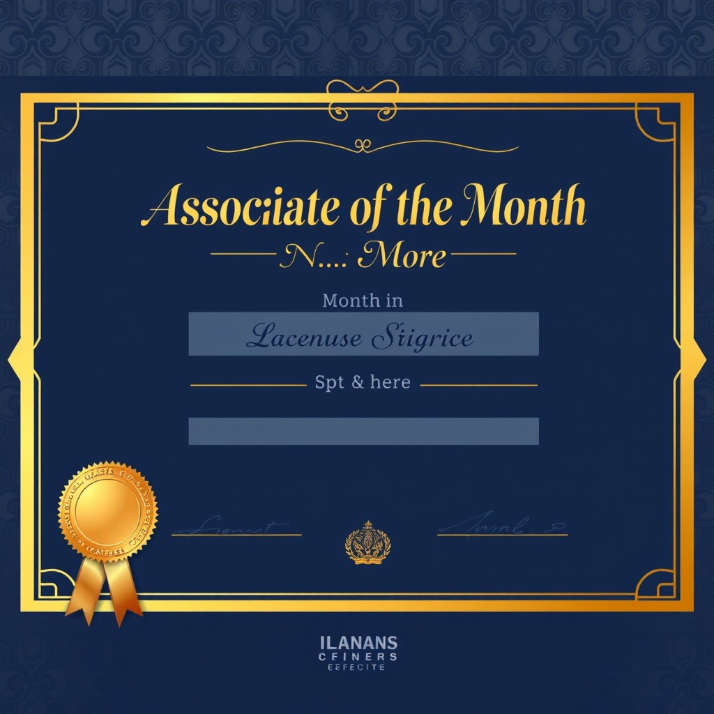 An elegant certificate titled 'Associate of the Month' prominently displayed at the top, surrounded by a sophisticated border design