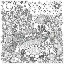 A detailed black and white coloring book page featuring a whimsical scene inspired by pagan and earth elements