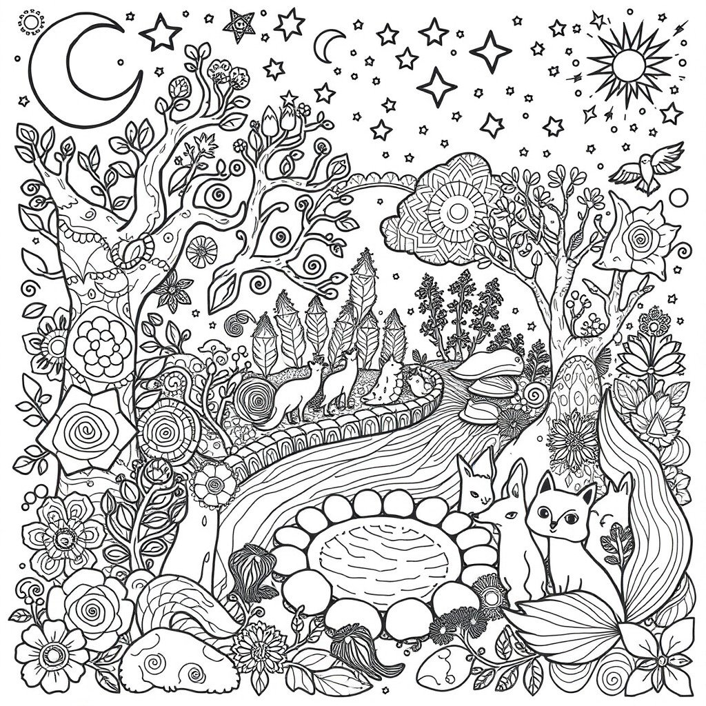 A detailed black and white coloring book page featuring a whimsical scene inspired by pagan and earth elements