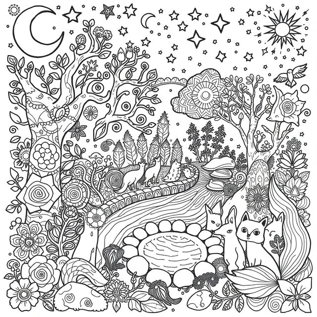 A detailed black and white coloring book page featuring a whimsical scene inspired by pagan and earth elements