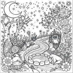 A detailed black and white coloring book page featuring a whimsical scene inspired by pagan and earth elements