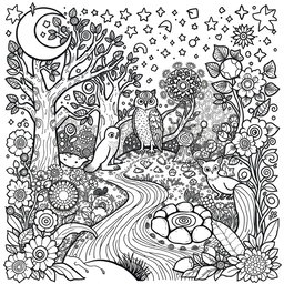 A detailed black and white coloring book page featuring a whimsical scene inspired by pagan and earth elements