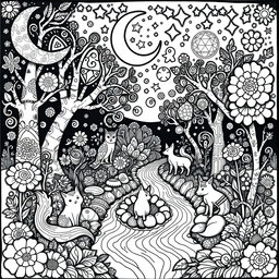 A detailed black and white coloring book page featuring a whimsical scene inspired by pagan and earth elements