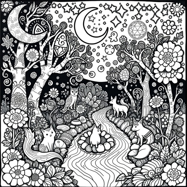 A detailed black and white coloring book page featuring a whimsical scene inspired by pagan and earth elements