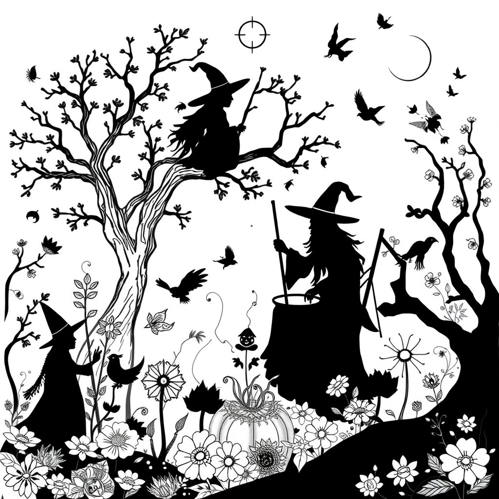 A black and white coloring book page design that showcases pagan themes and earth elements in a magical, mystical, and whimsical setting