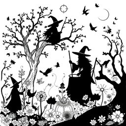 A black and white coloring book page design that showcases pagan themes and earth elements in a magical, mystical, and whimsical setting