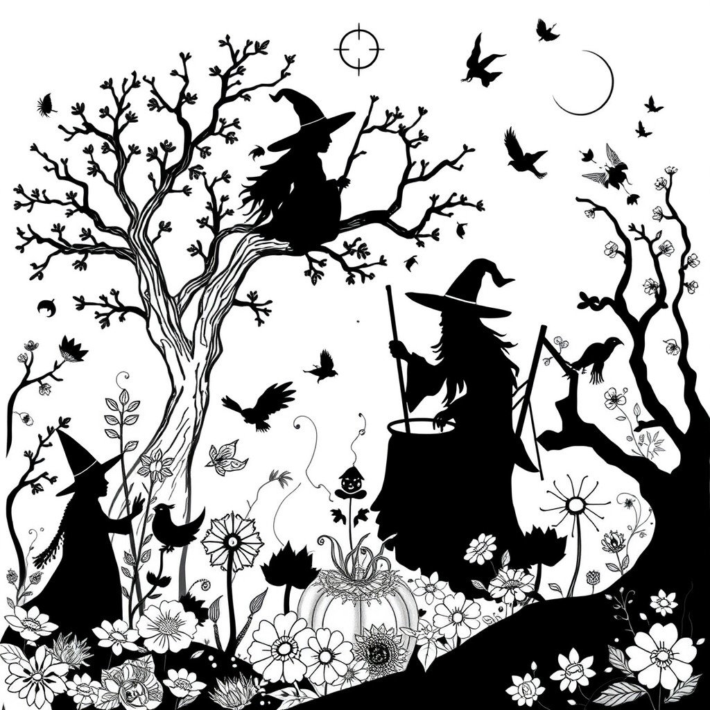 A black and white coloring book page design that showcases pagan themes and earth elements in a magical, mystical, and whimsical setting