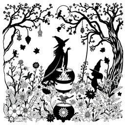 A black and white coloring book page design that showcases pagan themes and earth elements in a magical, mystical, and whimsical setting